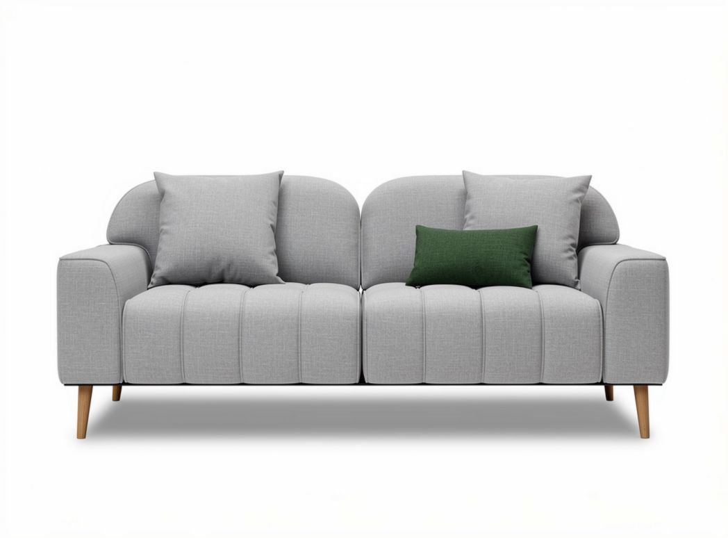 Two-seater modern sofa with tufted fabric upholstery and wooden legs