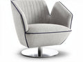 Upholstered accent chair in light gray fabric with stainless steel base