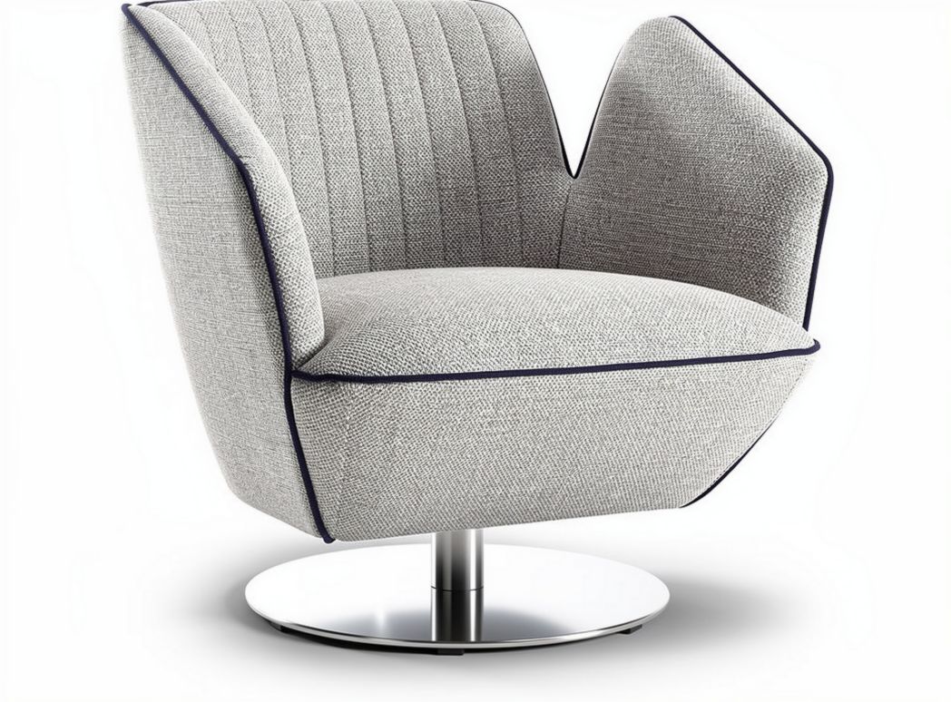 Upholstered accent chair in light gray fabric with stainless steel base