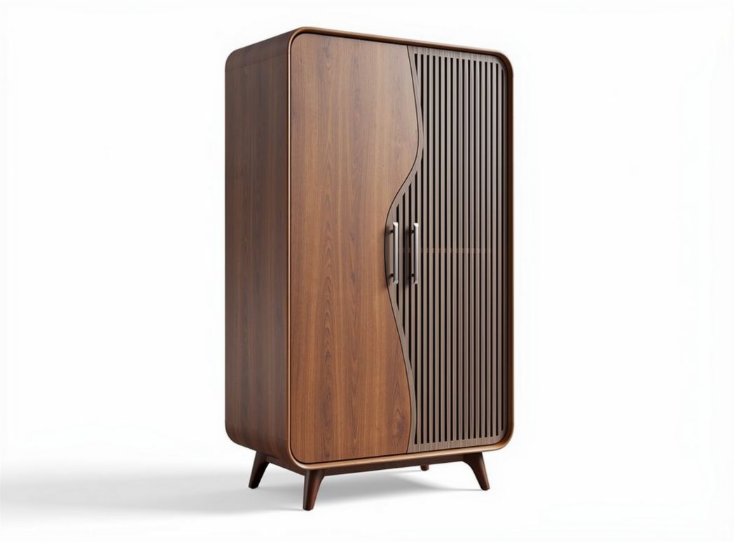 Wooden storage cabinet with slatted doors and retro design 80 x 40 x 160cm