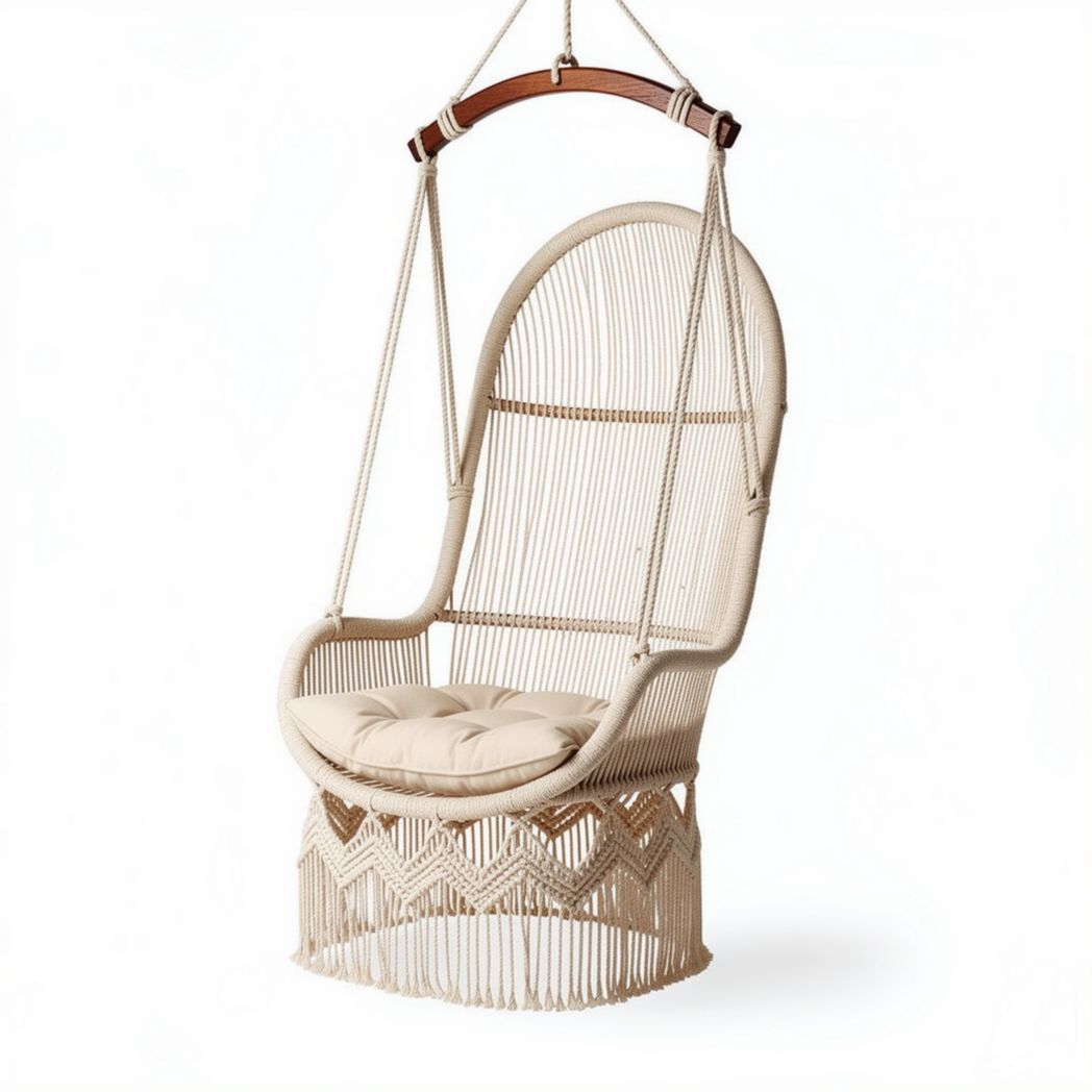 Hanging macrame chair in natural color with wooden frame and cushions