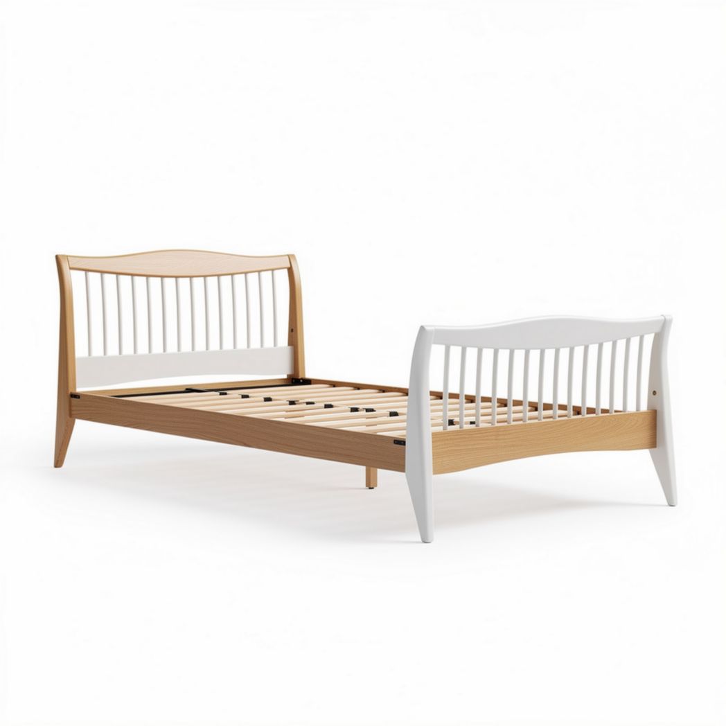 Wooden slatted bed frame with white and natural finish for bedroom use