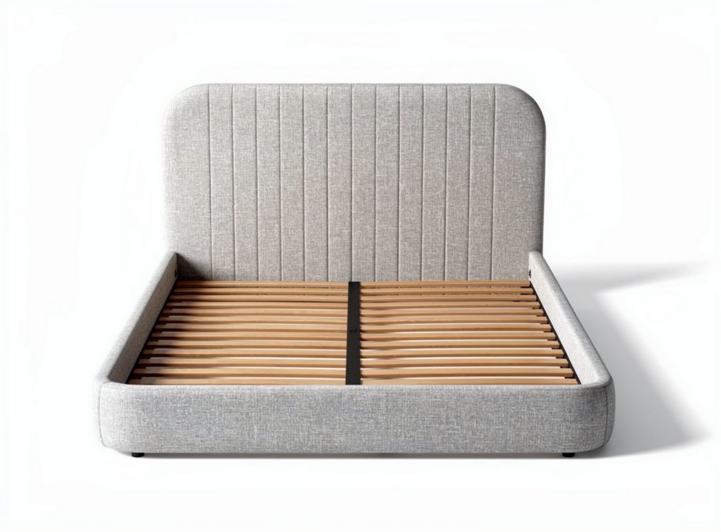 Wooden bed frame with upholstered headboard and slatted base designed for optimal mattress support 200 x 160 x 30cm