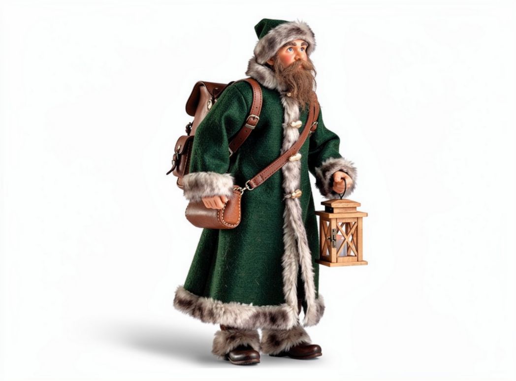 Santa figure with lantern and backpack wearing green coat 30 x 15 x 10cm