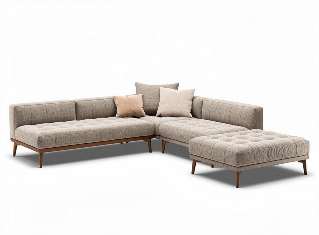 L-shaped modern sectional sofa in beige fabric with decorative pillows dimensions 210 x 150 x 80cm