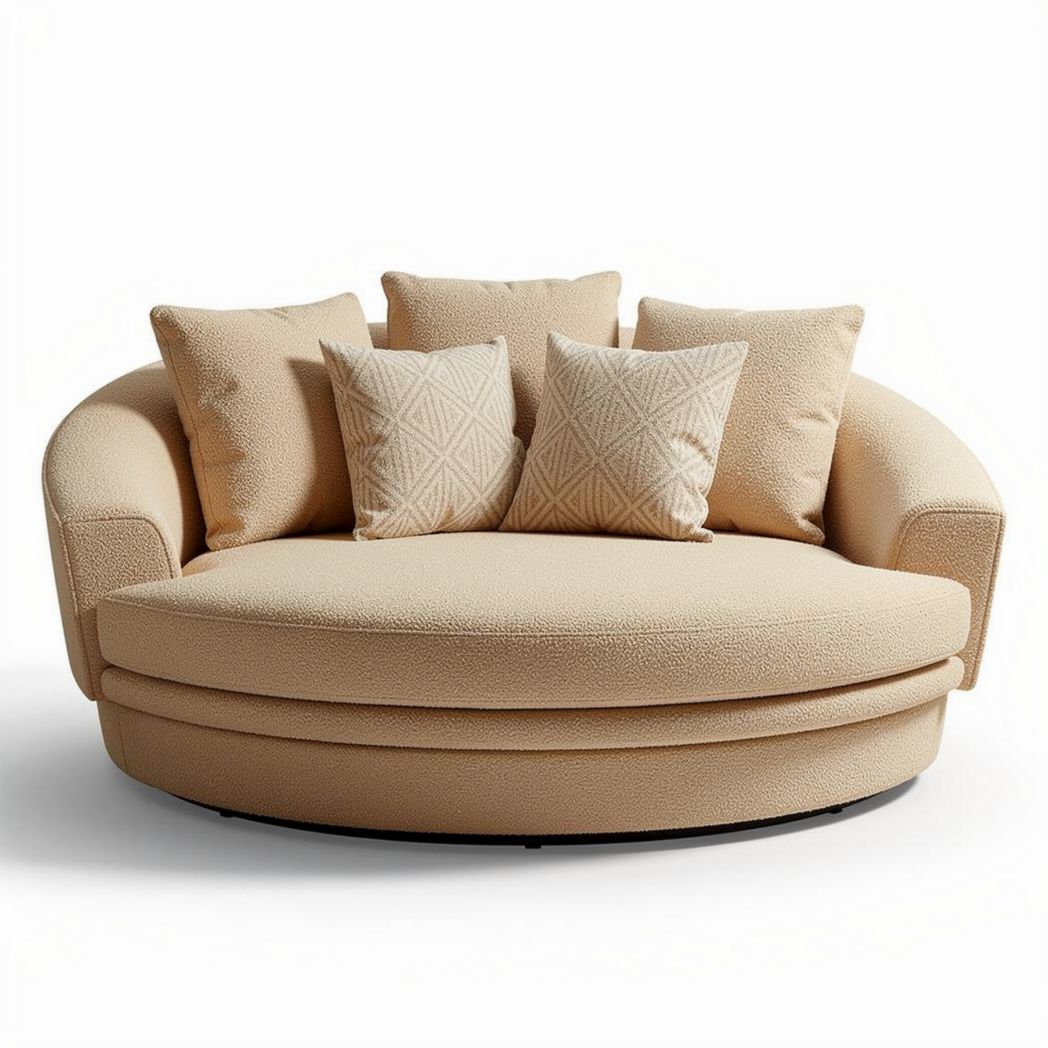 Round sofa bed with removable cushion covers in beige 130 x 130 x 70cm