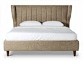Upholstered king size bed frame with wingback headboard and wooden legs