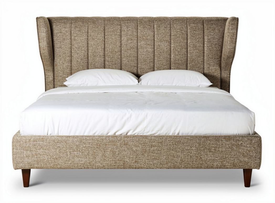 Upholstered king size bed frame with wingback headboard and wooden legs